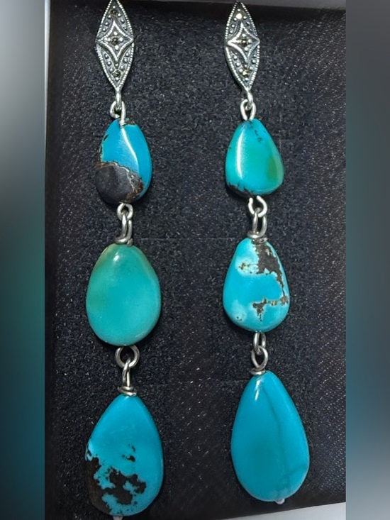 Artisan Crafted Jewelry - Gorgeous Native American Navajo Turquoise Marcasite Sterling 925 Drop Earrings